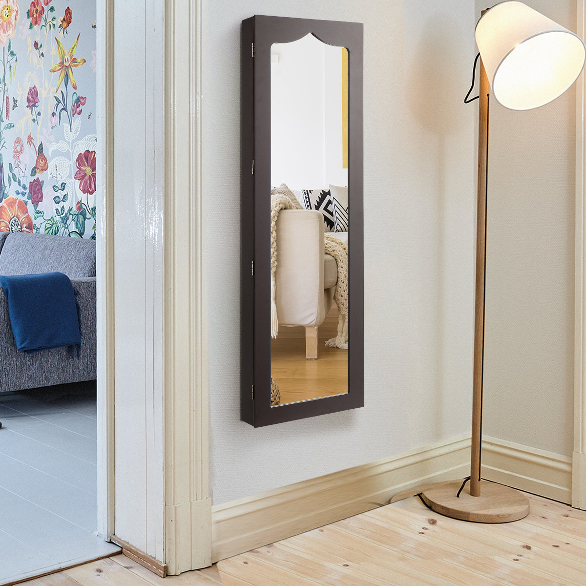 Armoire a Bijoux, Miroir Bijoux, Armoire Bijoux, Murale, LED avec Miroir 6 Tiroirs Hauteur du Crochet Ajustable, Marron, Costway, 2