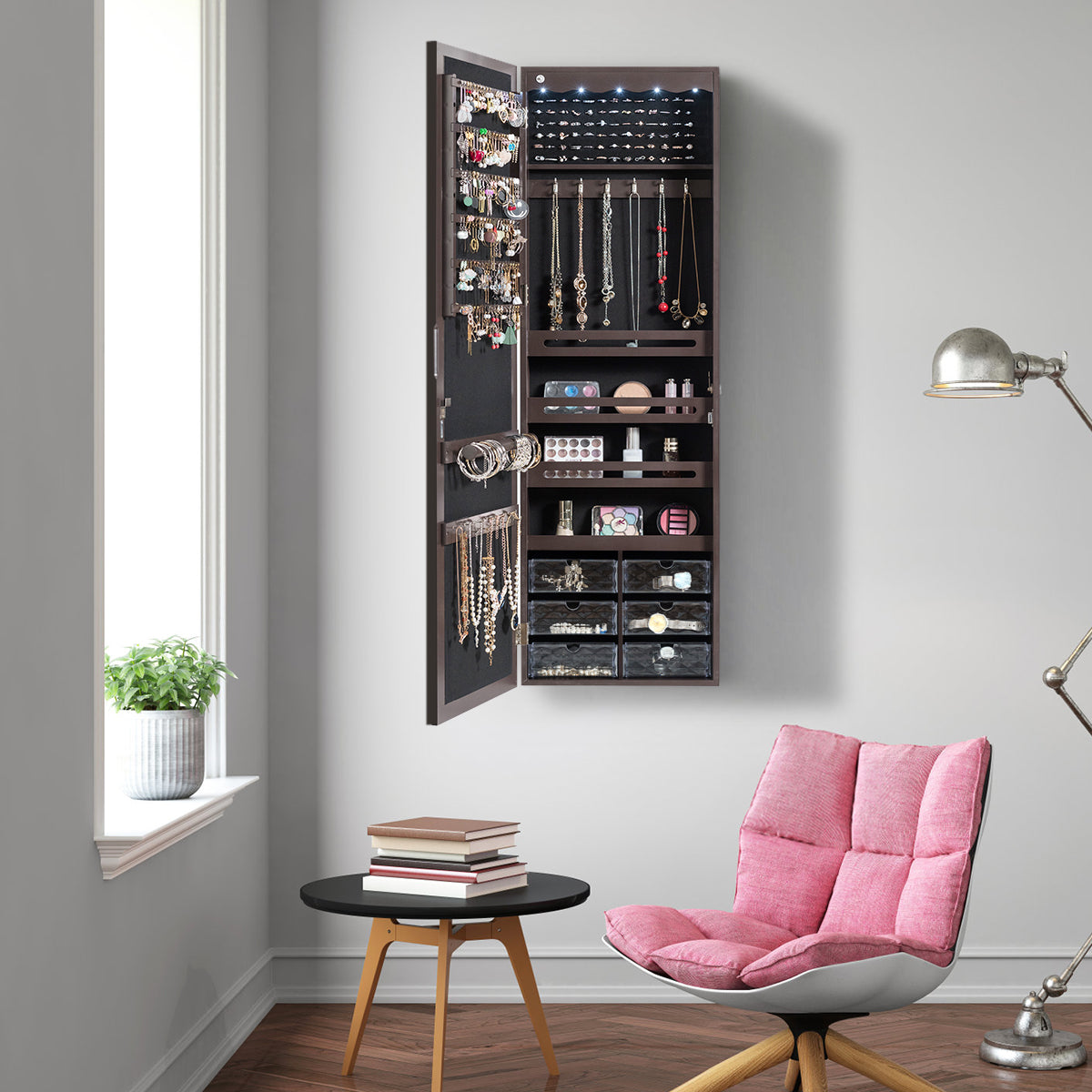 Armoire a Bijoux, Miroir Bijoux, Armoire Bijoux, Murale, LED avec Miroir 6 Tiroirs Hauteur du Crochet Ajustable, Marron, Costway, 4