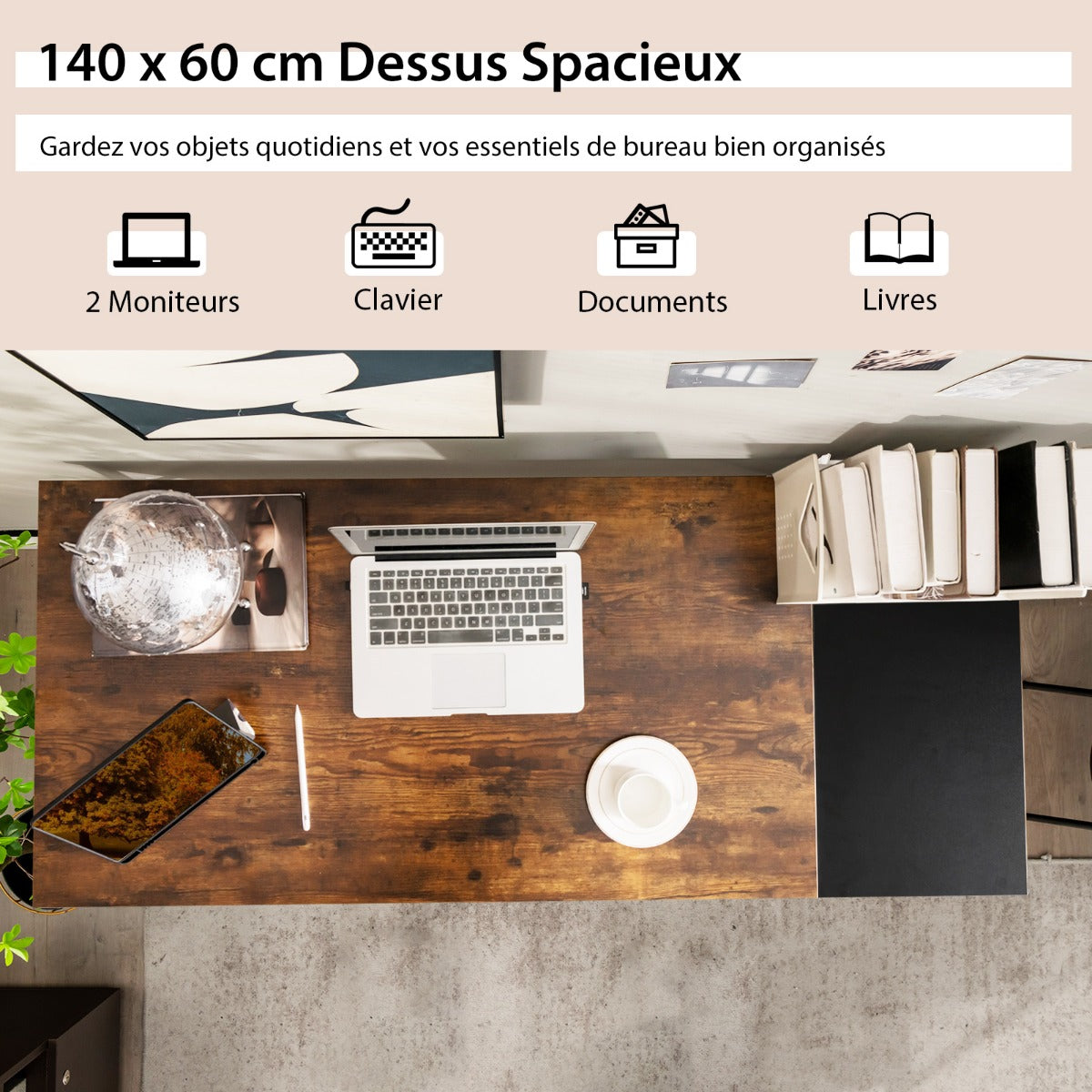 Bureau Ordinateur de 140 cm, Bureau Informatique, Bureau Moderne, Table de Bureau avec Étagères de Rangement, Costway, 8