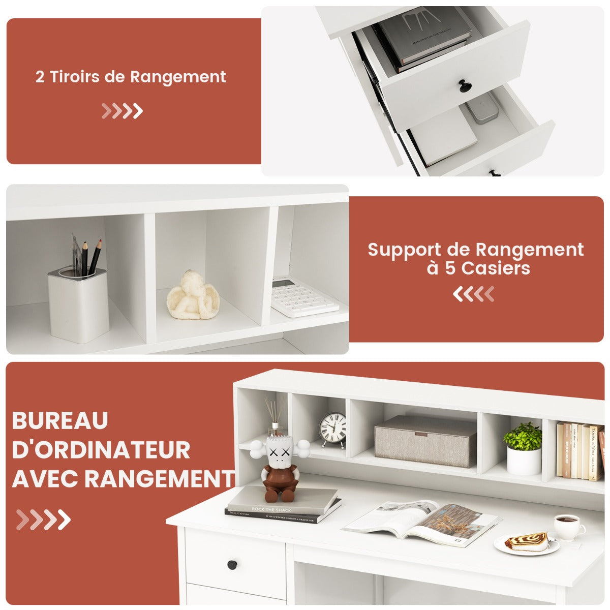 Bureau Ordinateur de 120 cm, Bureau Informatique, Bureau Moderne, Table de Bureau, Poste de Travail, Blanc, Costway, 5