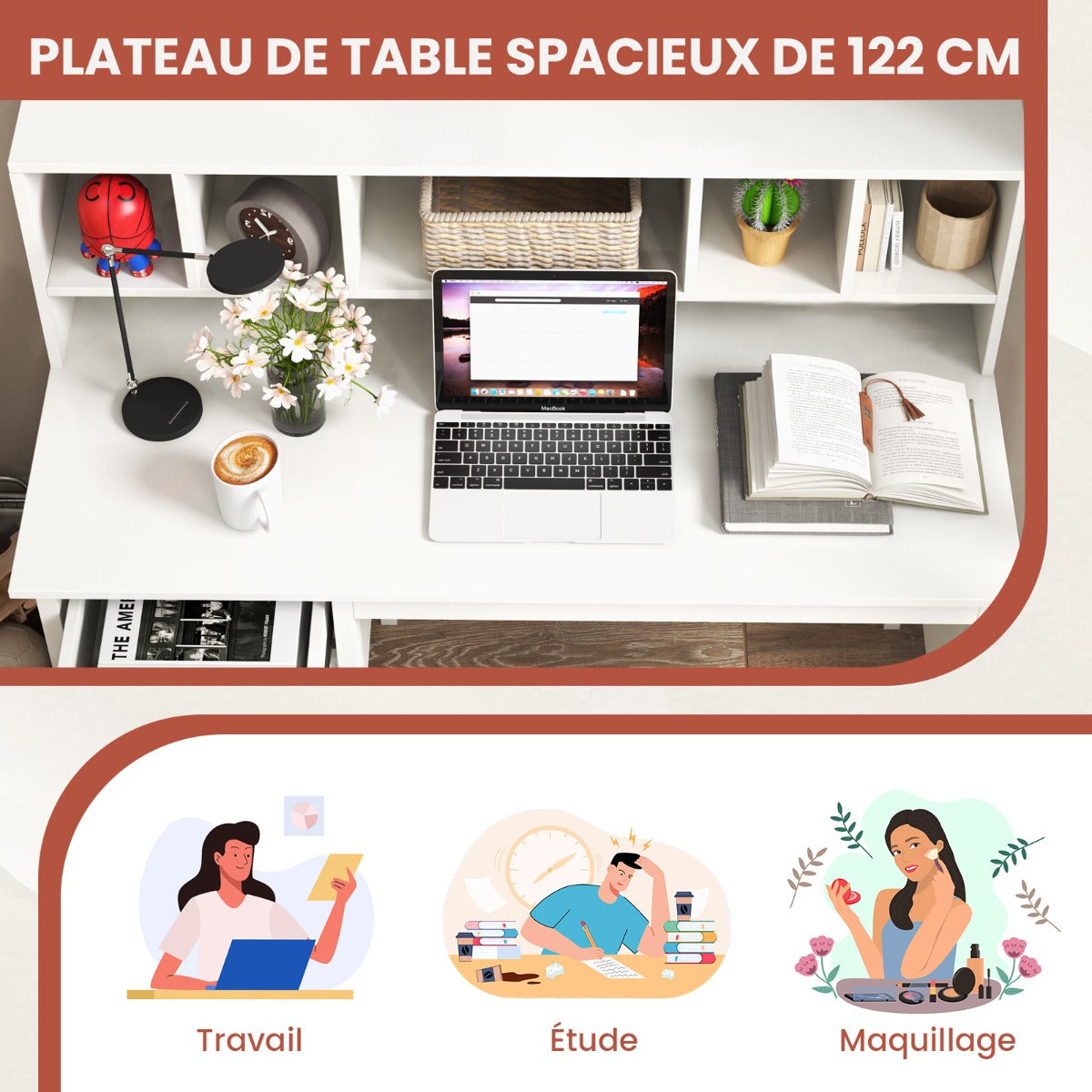 Bureau Ordinateur de 120 cm, Bureau Informatique, Bureau Moderne, Table de Bureau, Poste de Travail, Blanc, Costway, 7