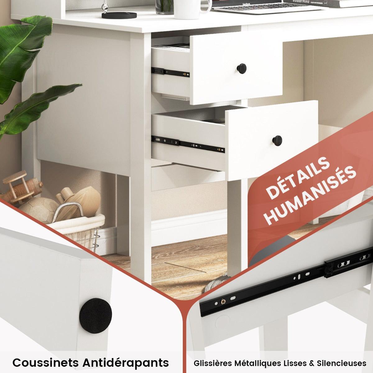 Bureau Ordinateur de 120 cm, Bureau Informatique, Bureau Moderne, Table de Bureau, Poste de Travail, Blanc, Costway, 6