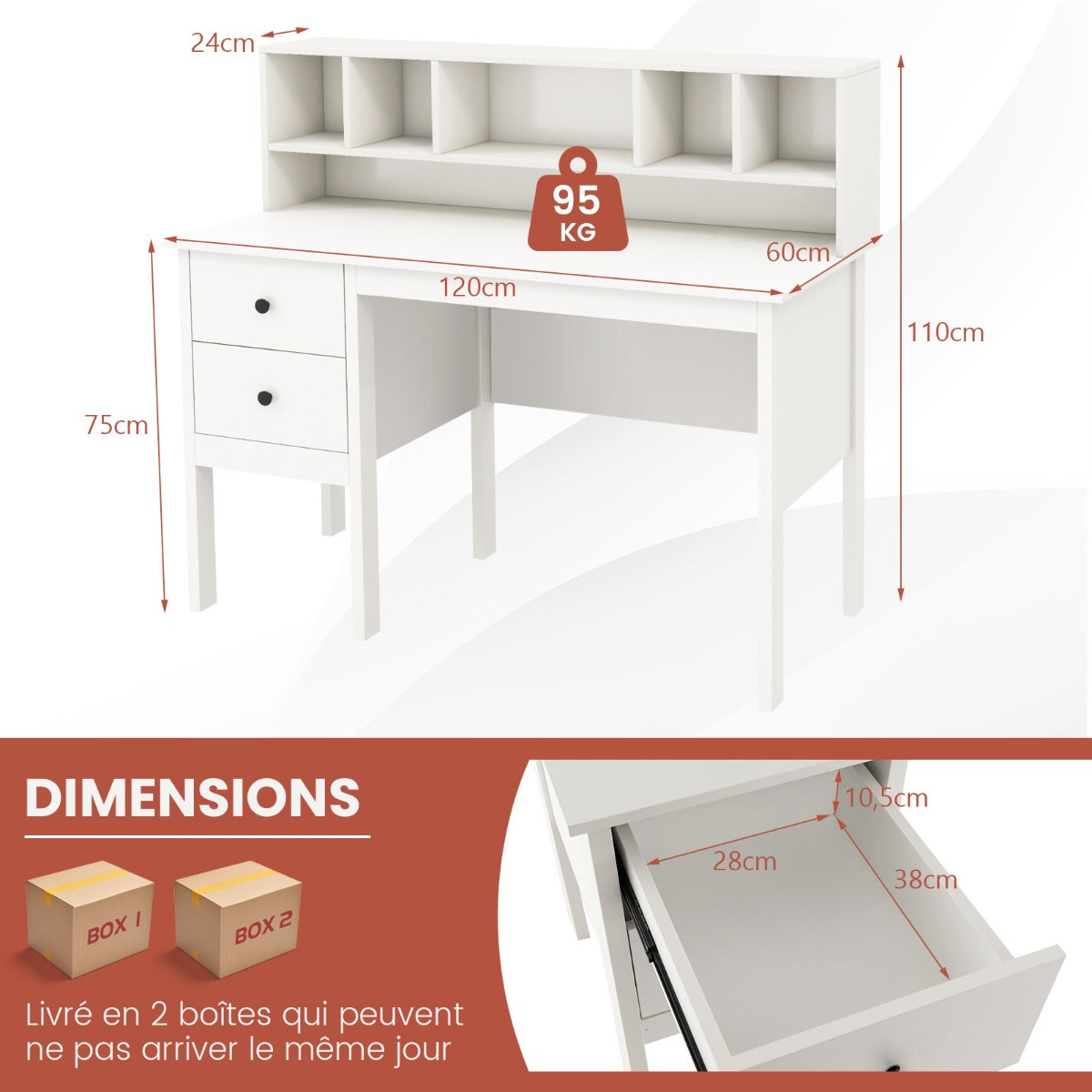 Bureau Ordinateur de 120 cm, Bureau Informatique, Bureau Moderne, Table de Bureau, Poste de Travail, Blanc, Costway, 8