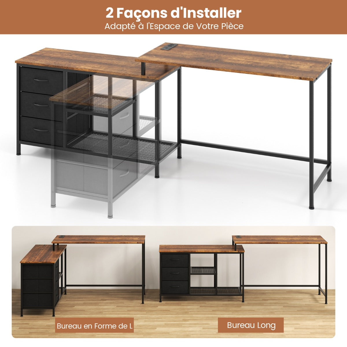 Bureau d'Angle, Bureau en L, Bureau Ordinateur, Bureau Informatique, Bureau Moderne, Table de Bureau, Costway, 7