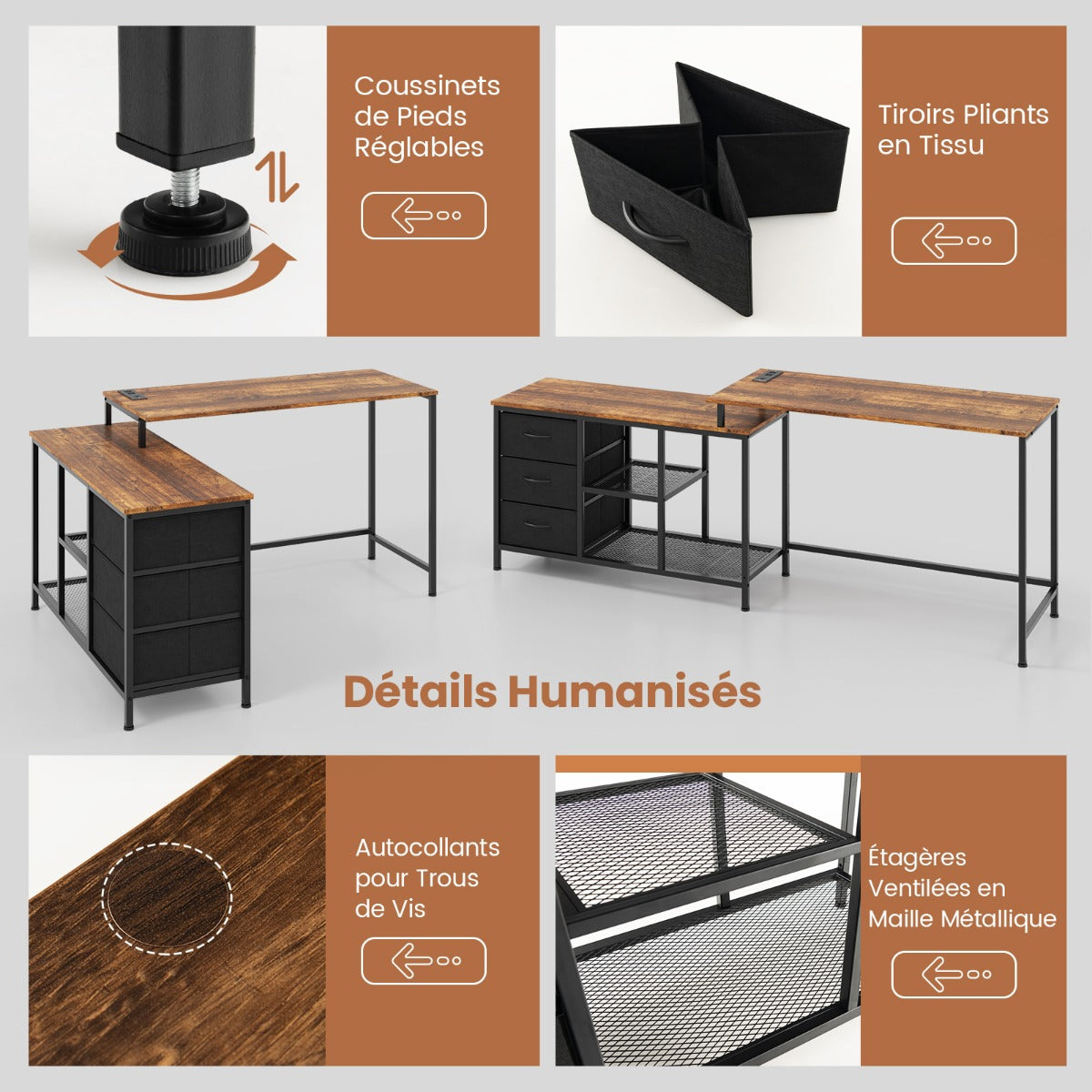 Bureau d'Angle, Bureau en L, Bureau Ordinateur, Bureau Informatique, Bureau Moderne, Table de Bureau, Costway, 6