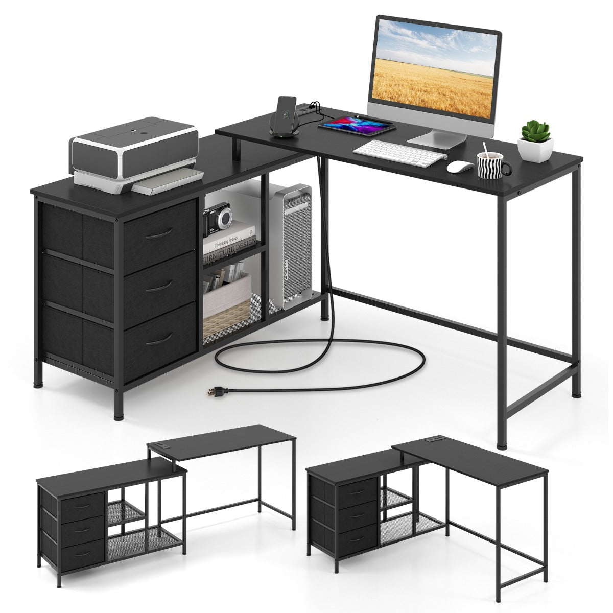 Bureau d'Angle, Bureau en L, Bureau Ordinateur, Bureau Informatique, Bureau Moderne, Table de Bureau, Noir, Costway, 1