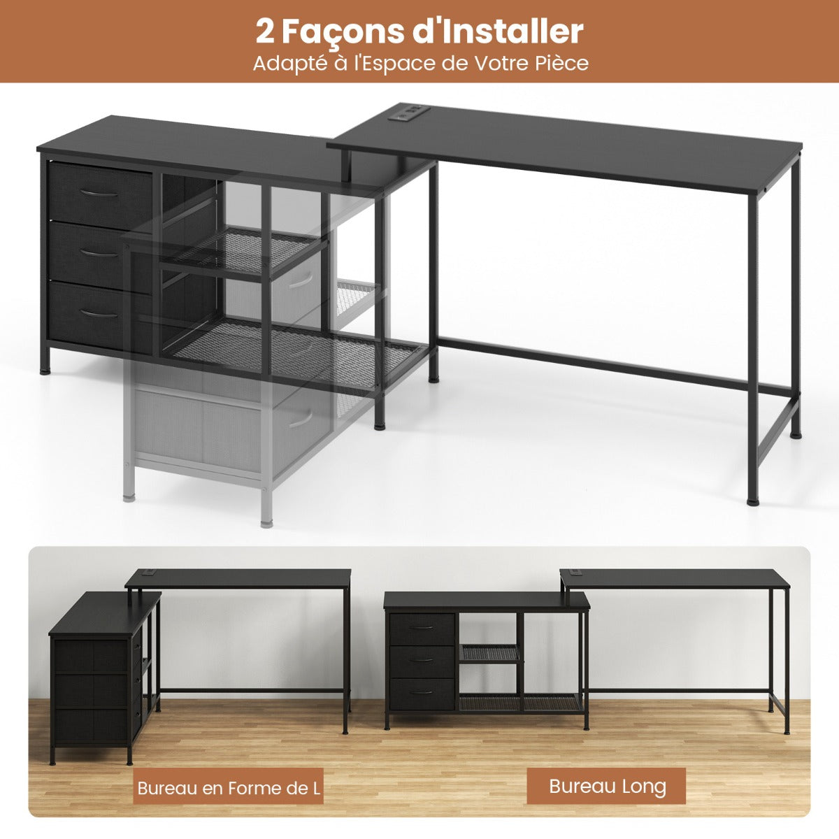 Bureau d'Angle, Bureau en L, Bureau Ordinateur, Bureau Informatique, Bureau Moderne, Table de Bureau, Noir, Costway, 7