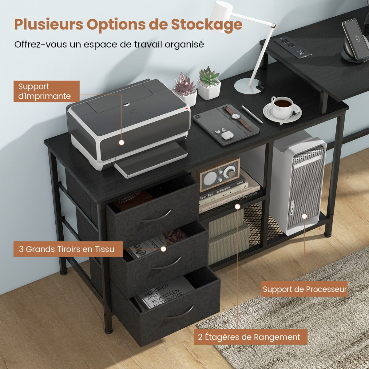 Bureau d'Angle, Bureau en L, Bureau Ordinateur, Bureau Informatique, Bureau Moderne, Table de Bureau, Noir, Costway, 5