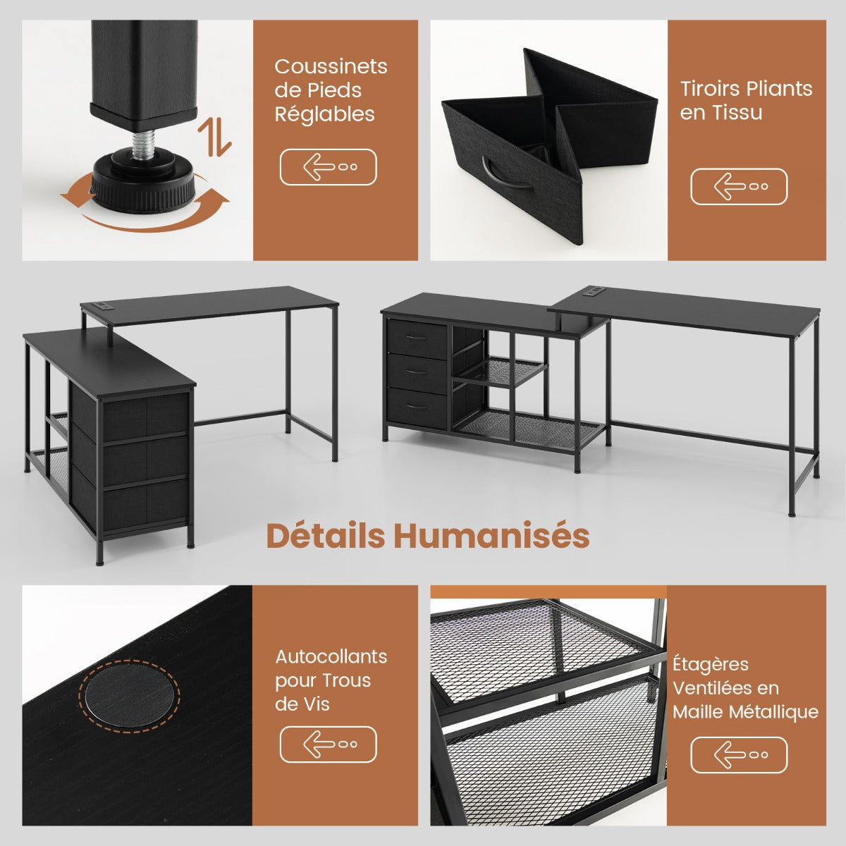 Bureau d'Angle, Bureau en L, Bureau Ordinateur, Bureau Informatique, Bureau Moderne, Table de Bureau, Noir, Costway, 6