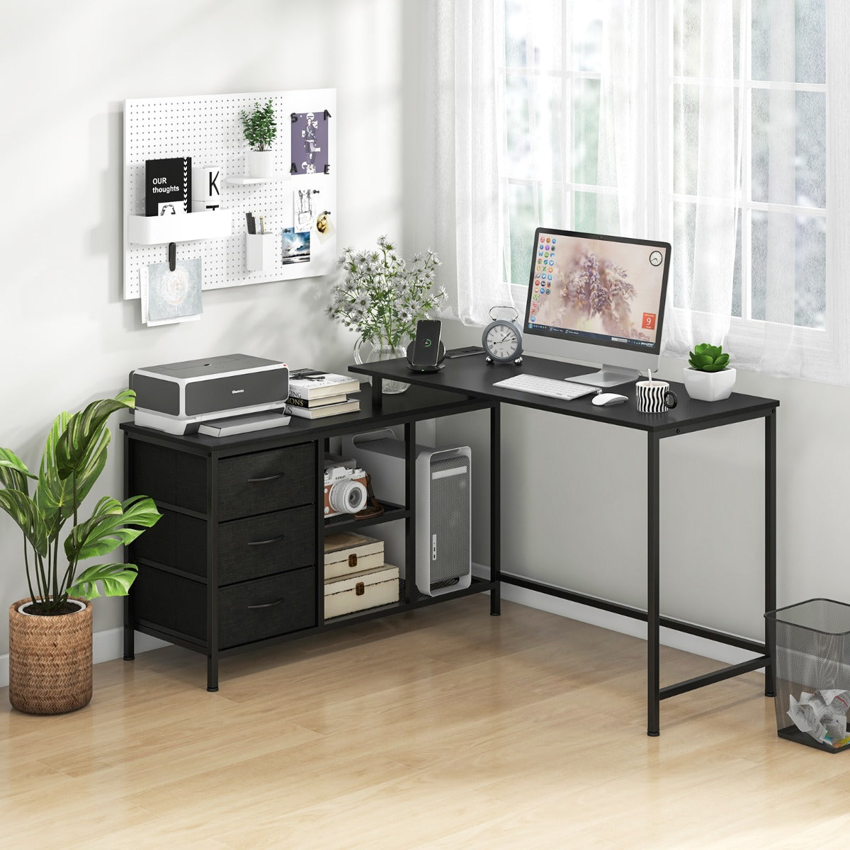 Bureau d'Angle, Bureau en L, Bureau Ordinateur, Bureau Informatique, Bureau Moderne, Table de Bureau, Noir, Costway, 2