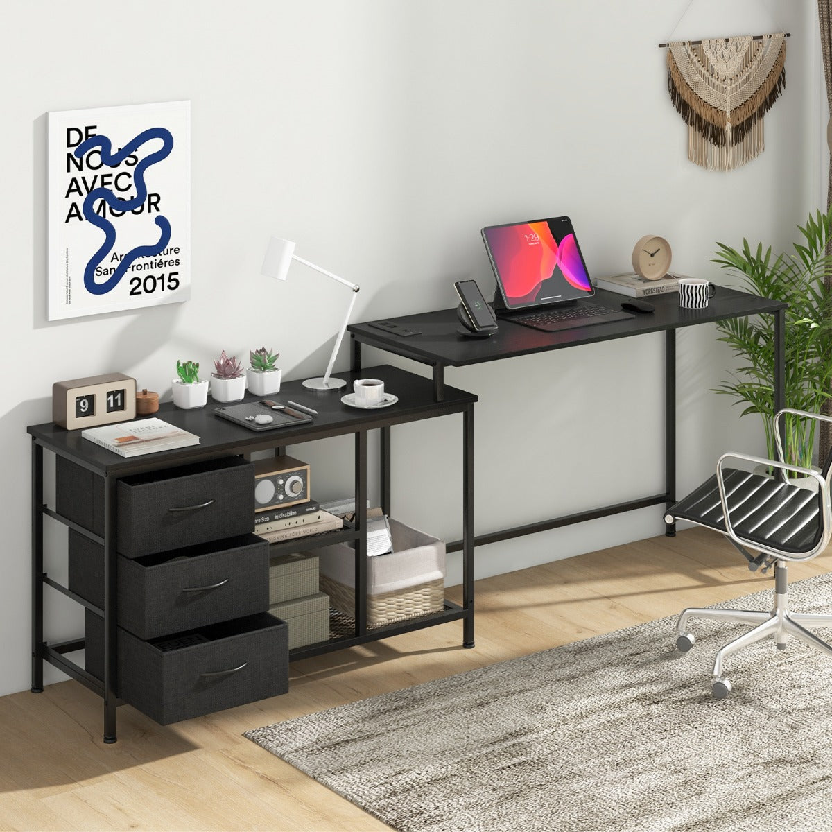 Bureau d'Angle, Bureau en L, Bureau Ordinateur, Bureau Informatique, Bureau Moderne, Table de Bureau, Noir, Costway, 4