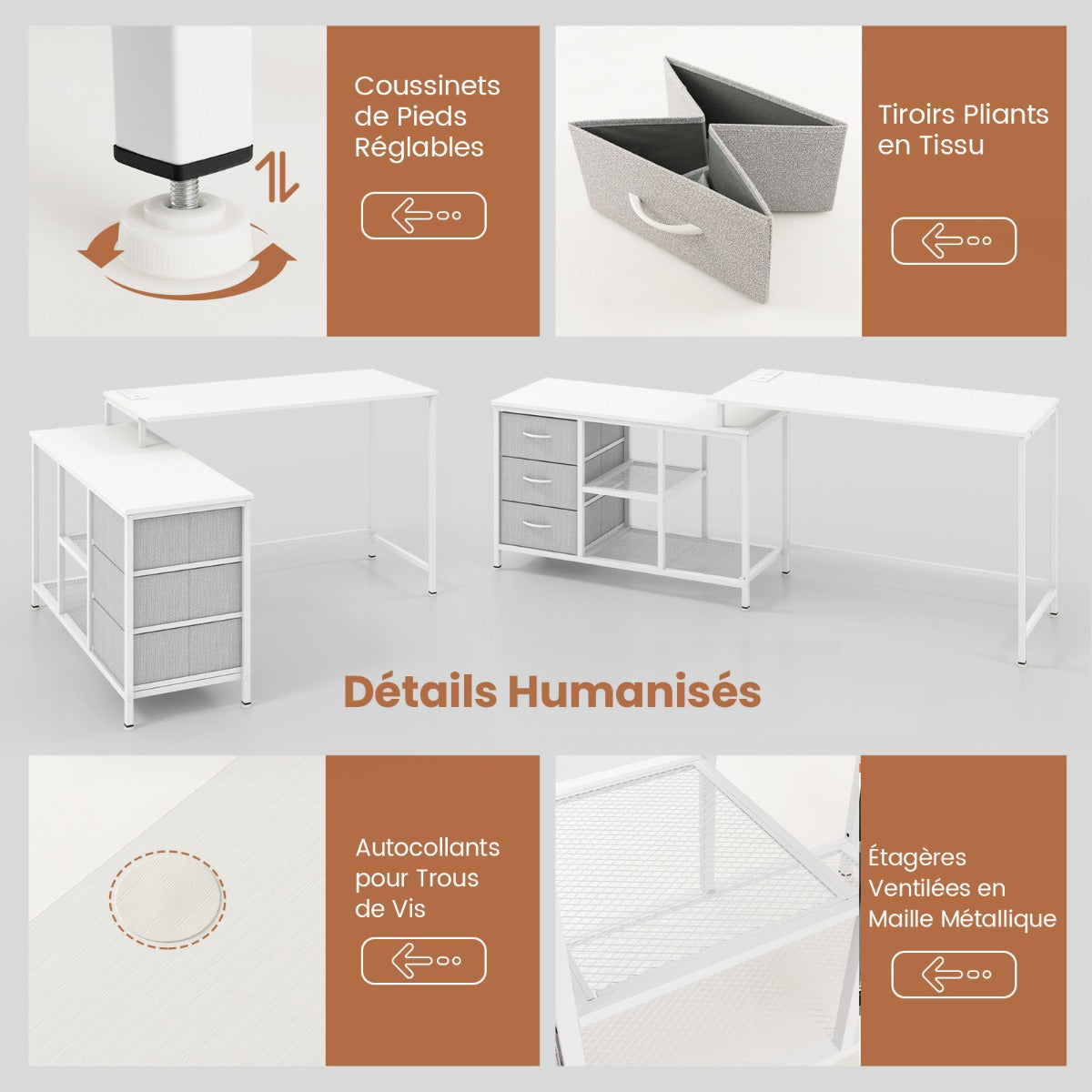 Bureau d'Angle, Bureau en L, Bureau Ordinateur, Bureau Informatique, Bureau Moderne, Table de Bureau, Costway, 8