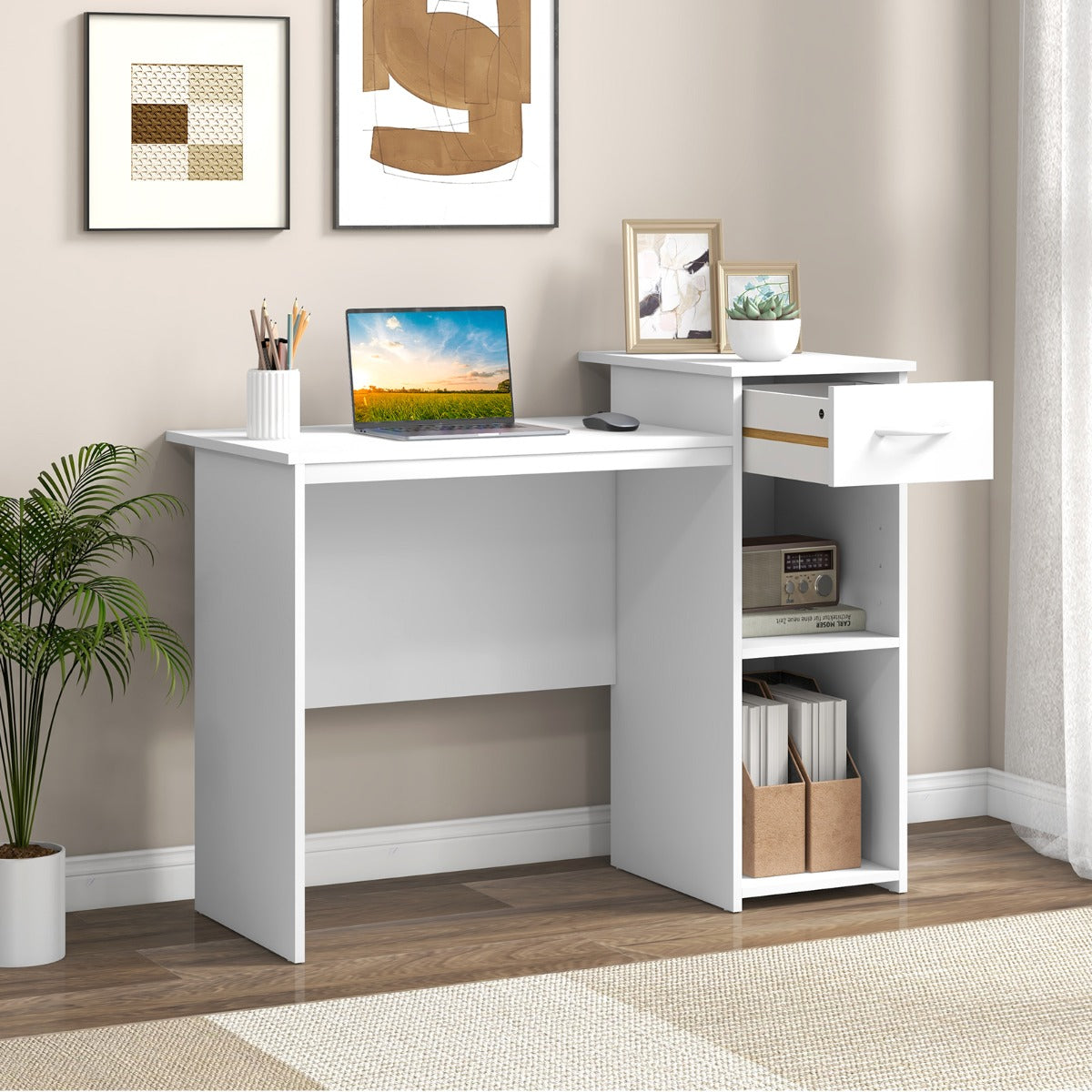 Table, Bureau Ordinateur, Bureau Moderne, Table de Bureau, Poste de Travail, Blanc, Costway, 3