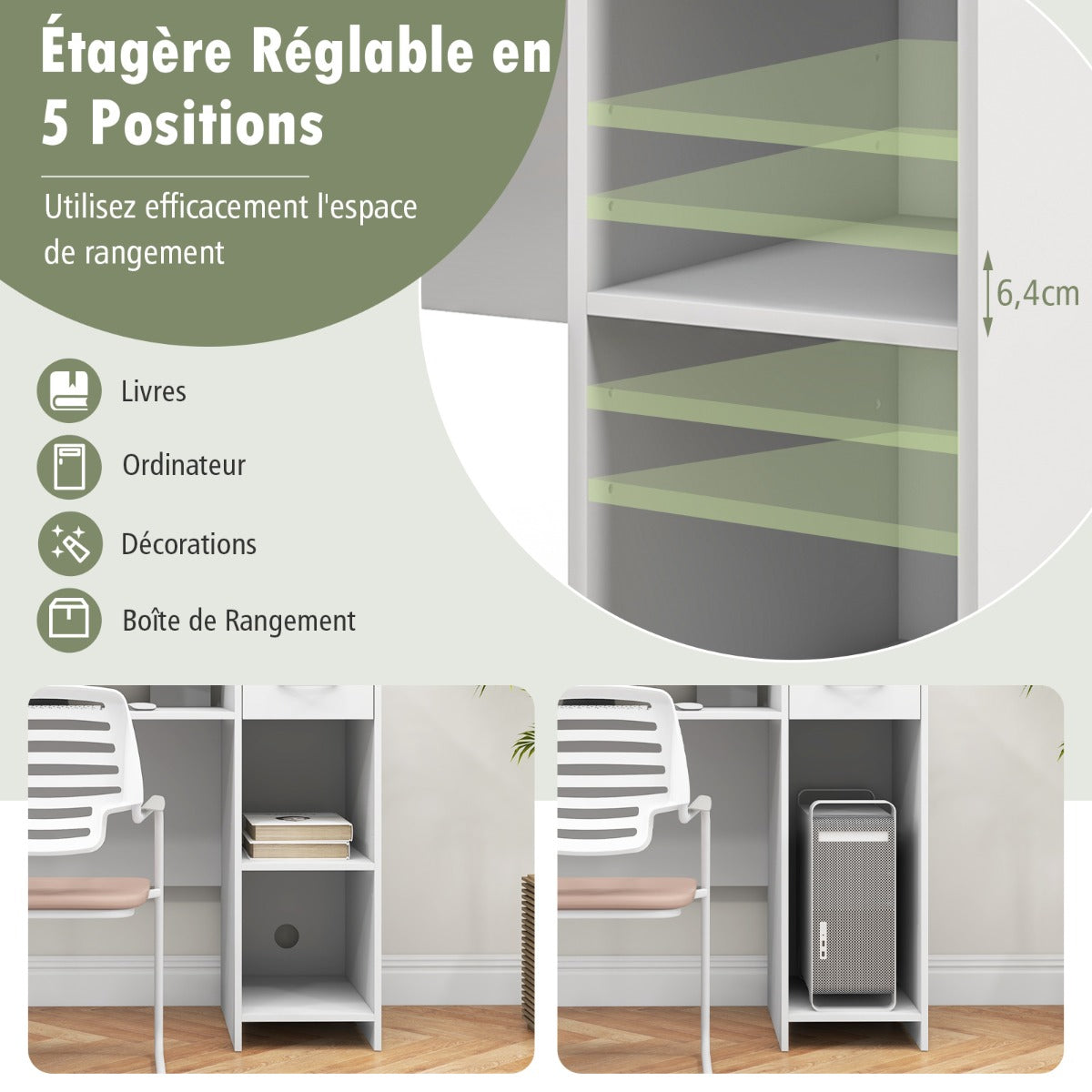 Table, Bureau Ordinateur, Bureau Moderne, Table de Bureau, Poste de Travail, Blanc, Costway, 8