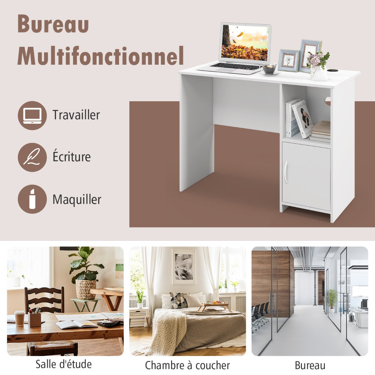 Bureau Moderne, Bureau Ordinateur, Table, Table de Bureau, Poste de Travail avec Trous, Blanc, Costway, 8