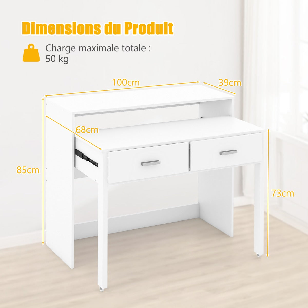 Bureau Extensible, Bureau Ordinateur de 100 cm, Console Bureau, Table de Bureau pour Roulettes, Blanc, Costway, 8