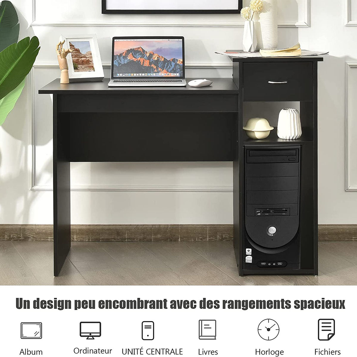 Bureau Noir, Bureau Ordinateur, Bureau Informatique, Bureau Moderne, Table de Bureau, Poste de Travail, Costway, 8