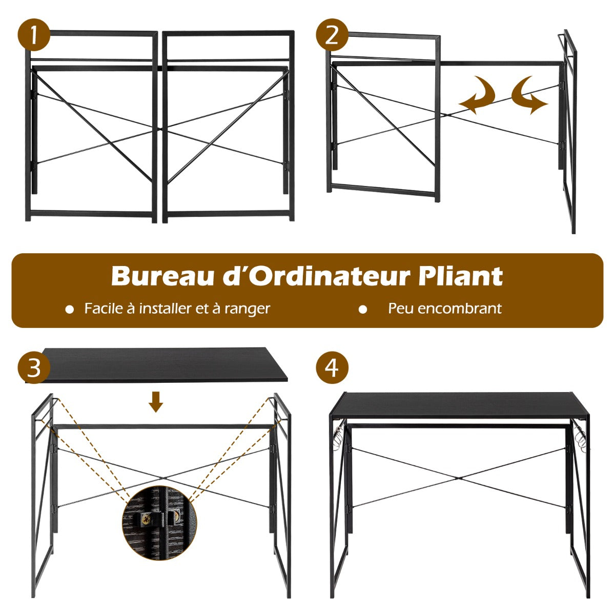 Bureau Pliable, Bureau Ordinateur, Bureau Informatique, Bureau Moderne, Table de Bureau, Poste de Travail, Noir, Costway, 6