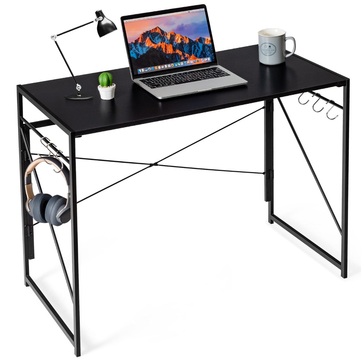 Bureau Pliable, Bureau Ordinateur, Bureau Informatique, Bureau Moderne, Table de Bureau, Poste de Travail, Noir, Costway, 4