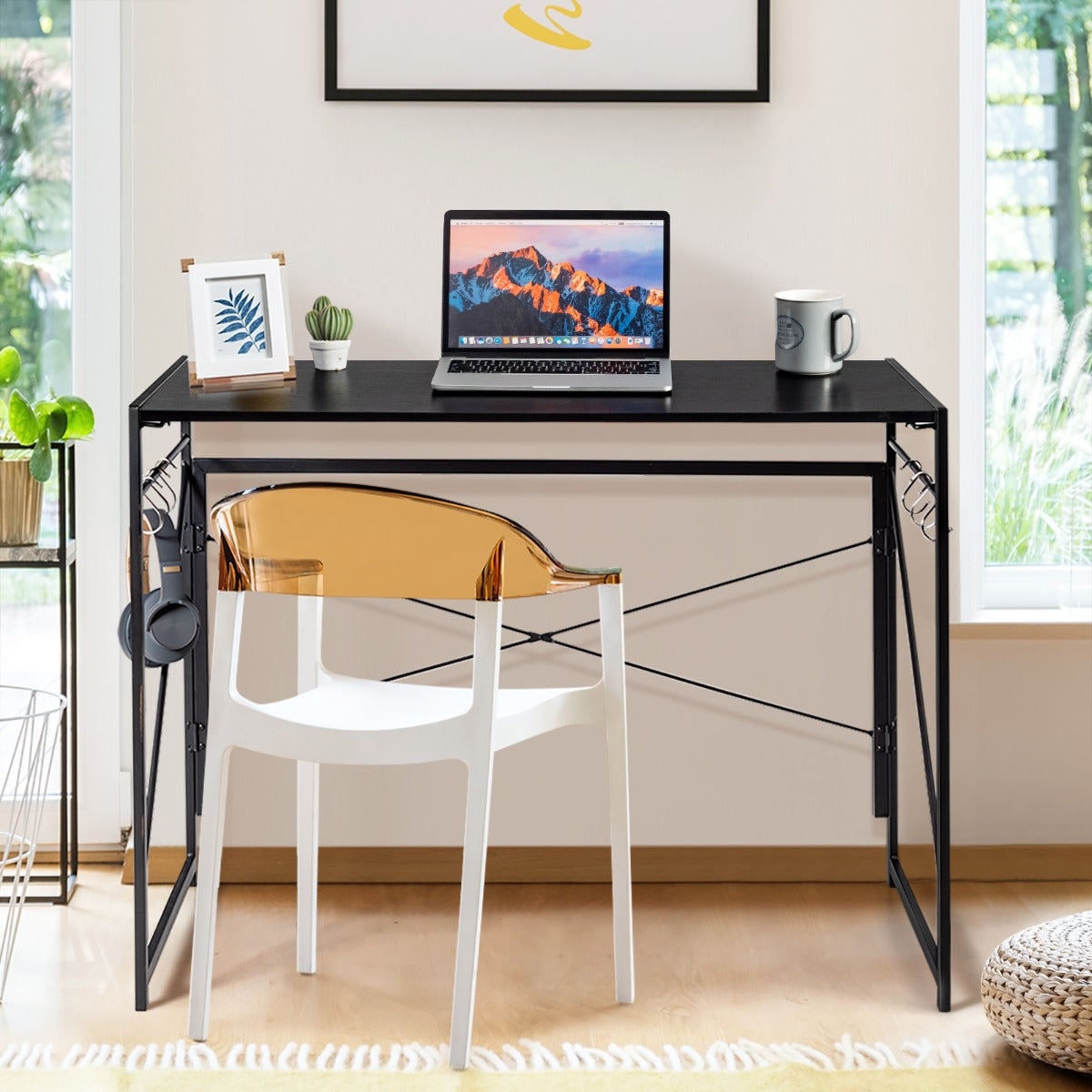 Bureau Pliable, Bureau Ordinateur, Bureau Informatique, Bureau Moderne, Table de Bureau, Poste de Travail, Noir, Costway, 3