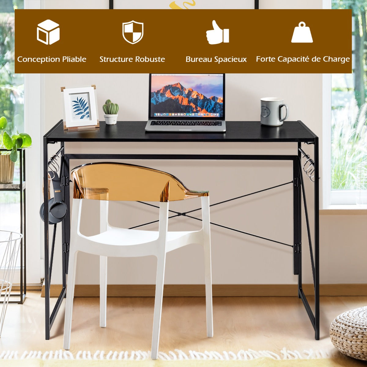 Bureau Pliable, Bureau Ordinateur, Bureau Informatique, Bureau Moderne, Table de Bureau, Poste de Travail, Noir, Costway, 8