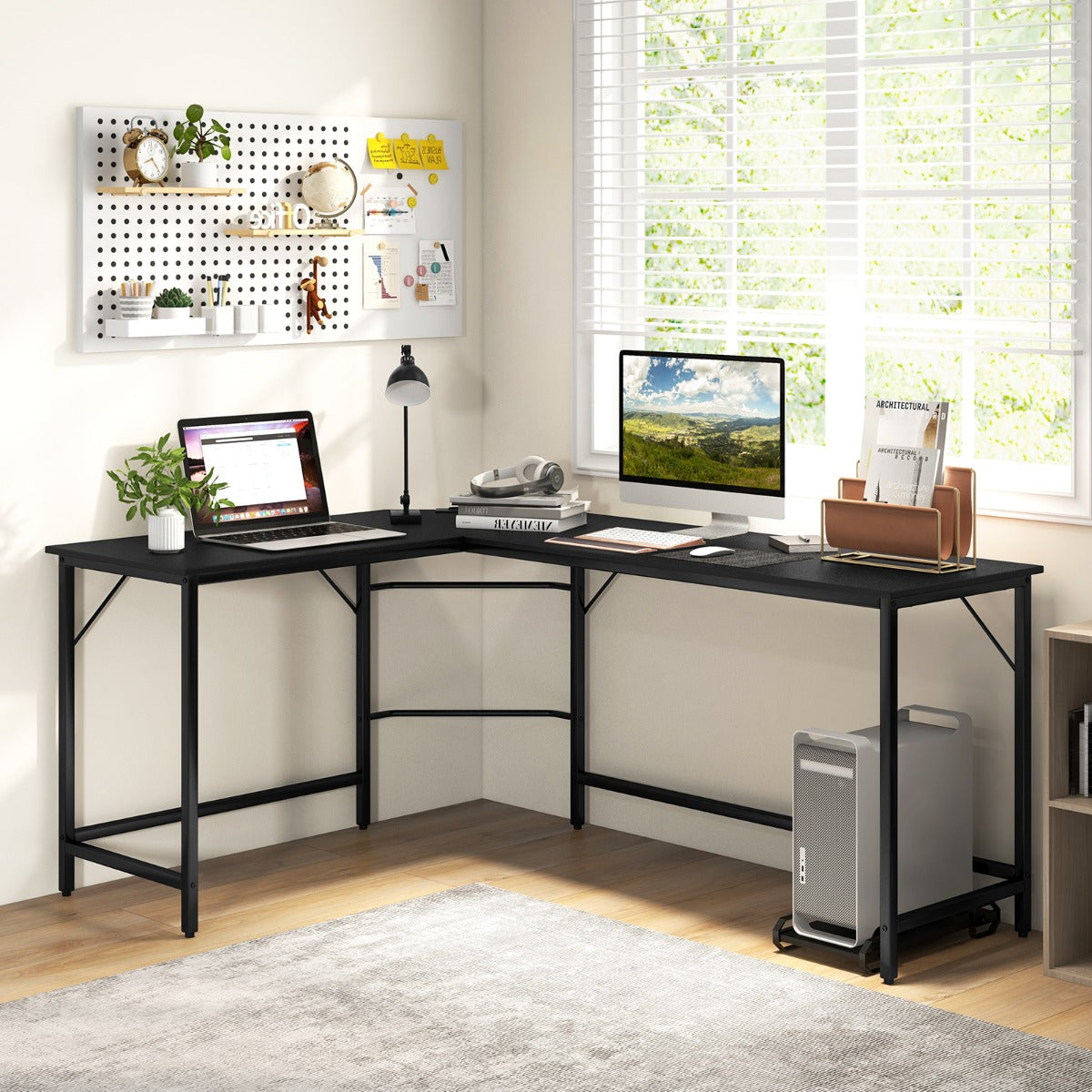 Table, Bureau d'Angle de 168 cm, Table de Bureau, Bureau en L avec Support UC, Poste de Travail, Noir, Costway, 2