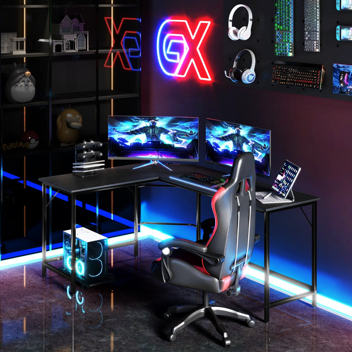 Table, Bureau d'Angle de 168 cm, Table de Bureau, Bureau en L avec Support UC, Poste de Travail, Noir, Costway, 3