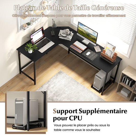 Table, Bureau d'Angle de 168 cm, Table de Bureau, Bureau en L avec Support UC, Poste de Travail, Noir, Costway, 5