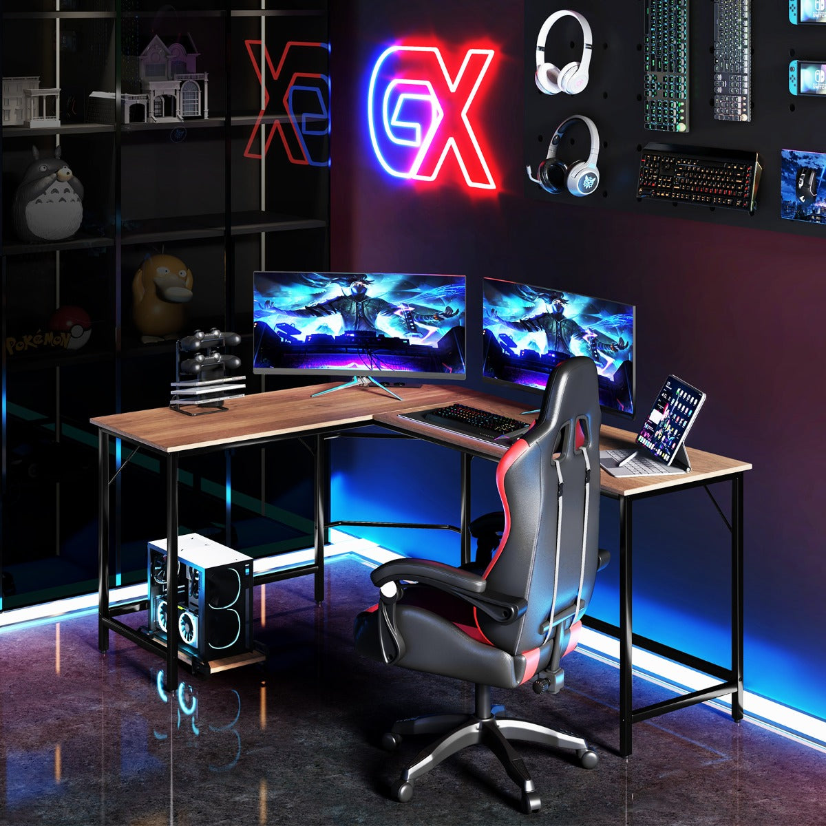 Table, Bureau d'Angle de 168 cm, Table de Bureau, Bureau en L avec Support UC, Poste de Travail, Naturel, Costway, 3