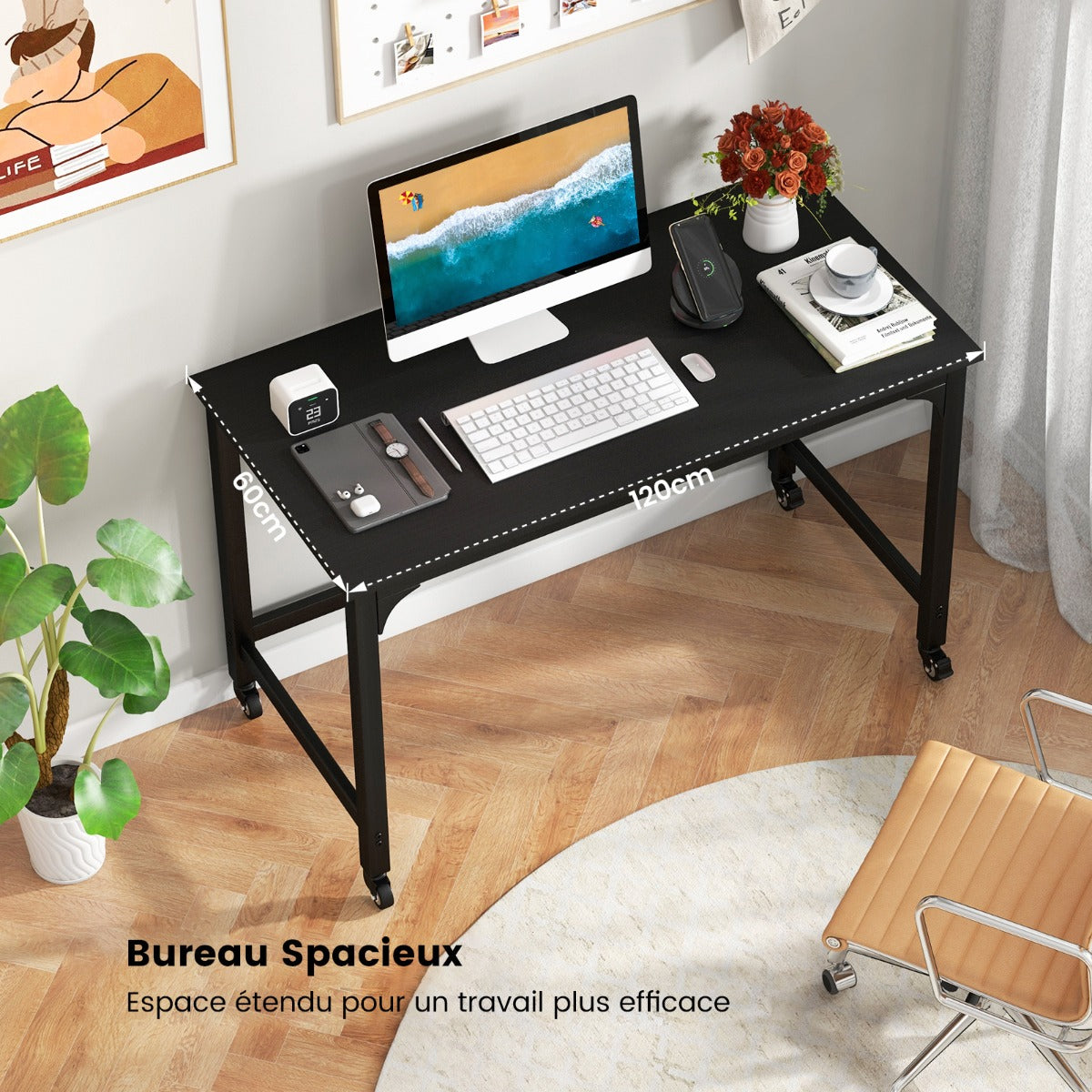 Bureau Ordinateur, Table Basse Industrielle, Bureau Informatique, Bureau Moderne sur Roulettes, Table de Bureau, Costway, 4