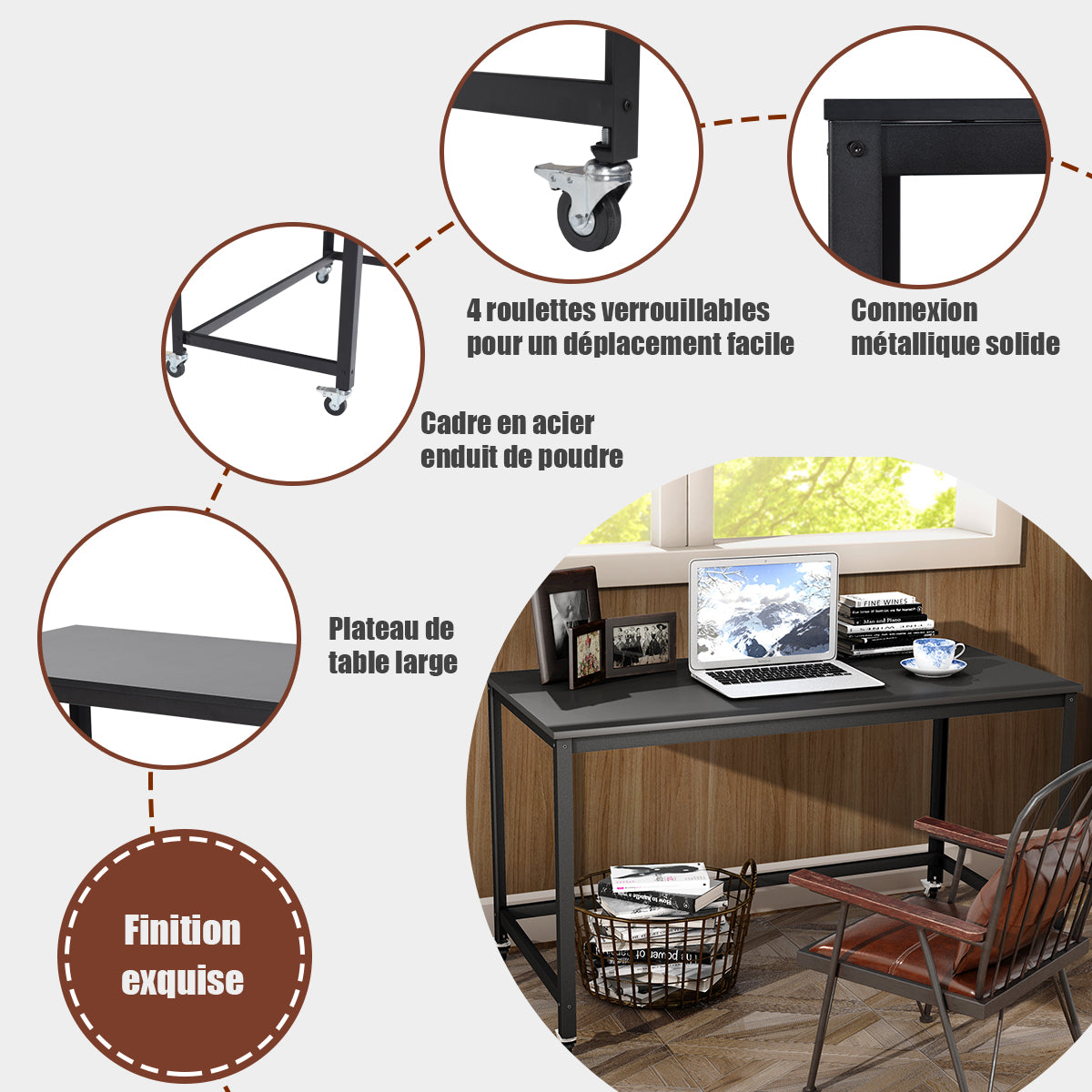 Bureau Ordinateur, Table Basse Industrielle, Bureau Informatique, Bureau Moderne sur Roulettes, Table de Bureau, Costway, 7