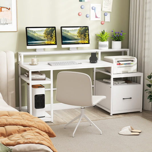 Table, Bureau Ordinateur, Table de Bureau, Poste de Travail avec 4 Étagères Ouvertes, Bureau d'Etudes, Blanc, Costway, 2