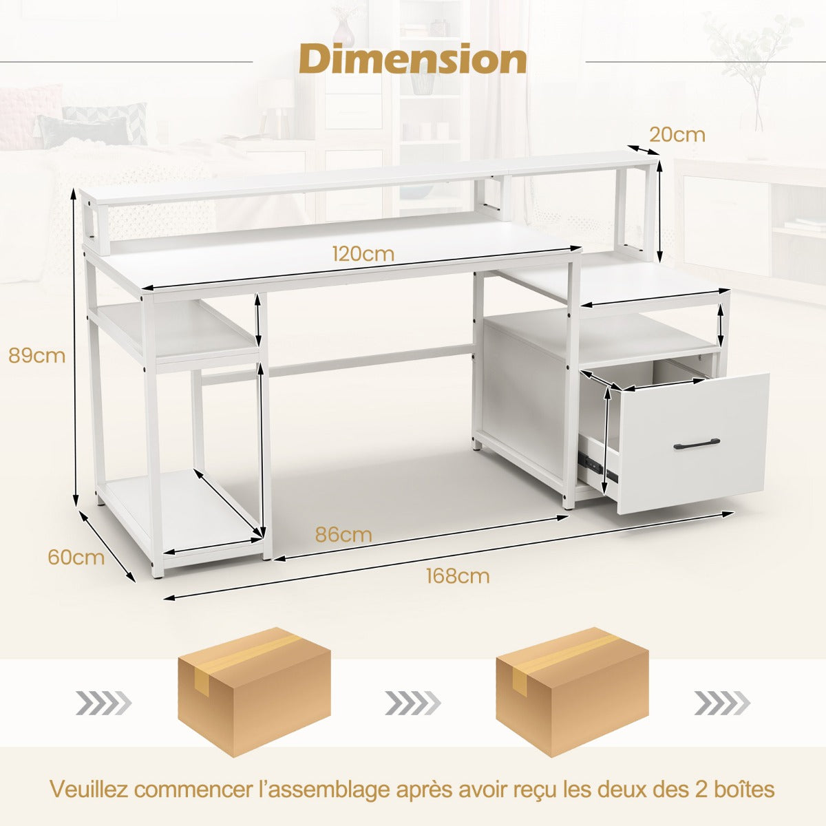 Table, Bureau Ordinateur, Table de Bureau, Poste de Travail avec 4 Étagères Ouvertes, Bureau d'Etudes, Blanc, Costway, 8