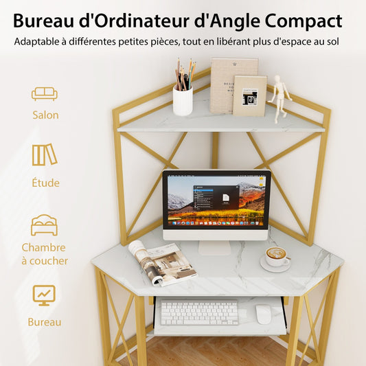 Bureau d'Angle, Bureau Ordinateur, Bureau Informatique, Bureau Moderne, Table de Bureau, Or et Blanc, Costway, 7