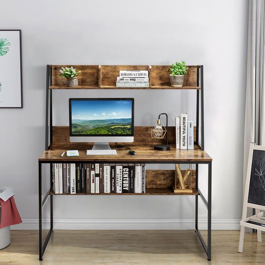 Table de Travail, Bureau Ordinateur, Bureau Moderne, Table de Bureau de 120cm, Poste de Travail, Marron Rustique, Costway, 2