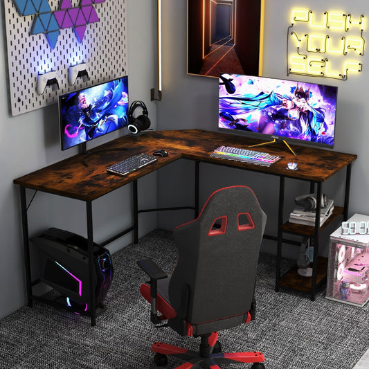 Table, Bureau d'Angle, Grand Bureau, Table de Bureau, Bureau en L avec Support UC, Poste de Travail, Marron, Costway, 2