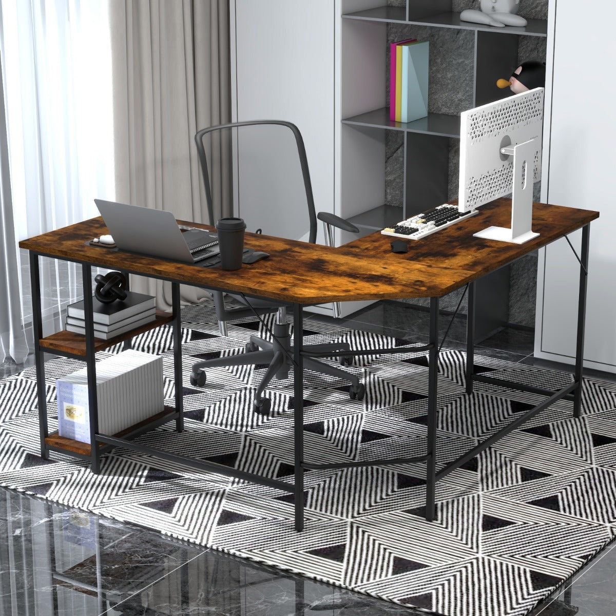 Table, Bureau d'Angle, Grand Bureau, Table de Bureau, Bureau en L avec Support UC, Poste de Travail, Marron, Costway, 5