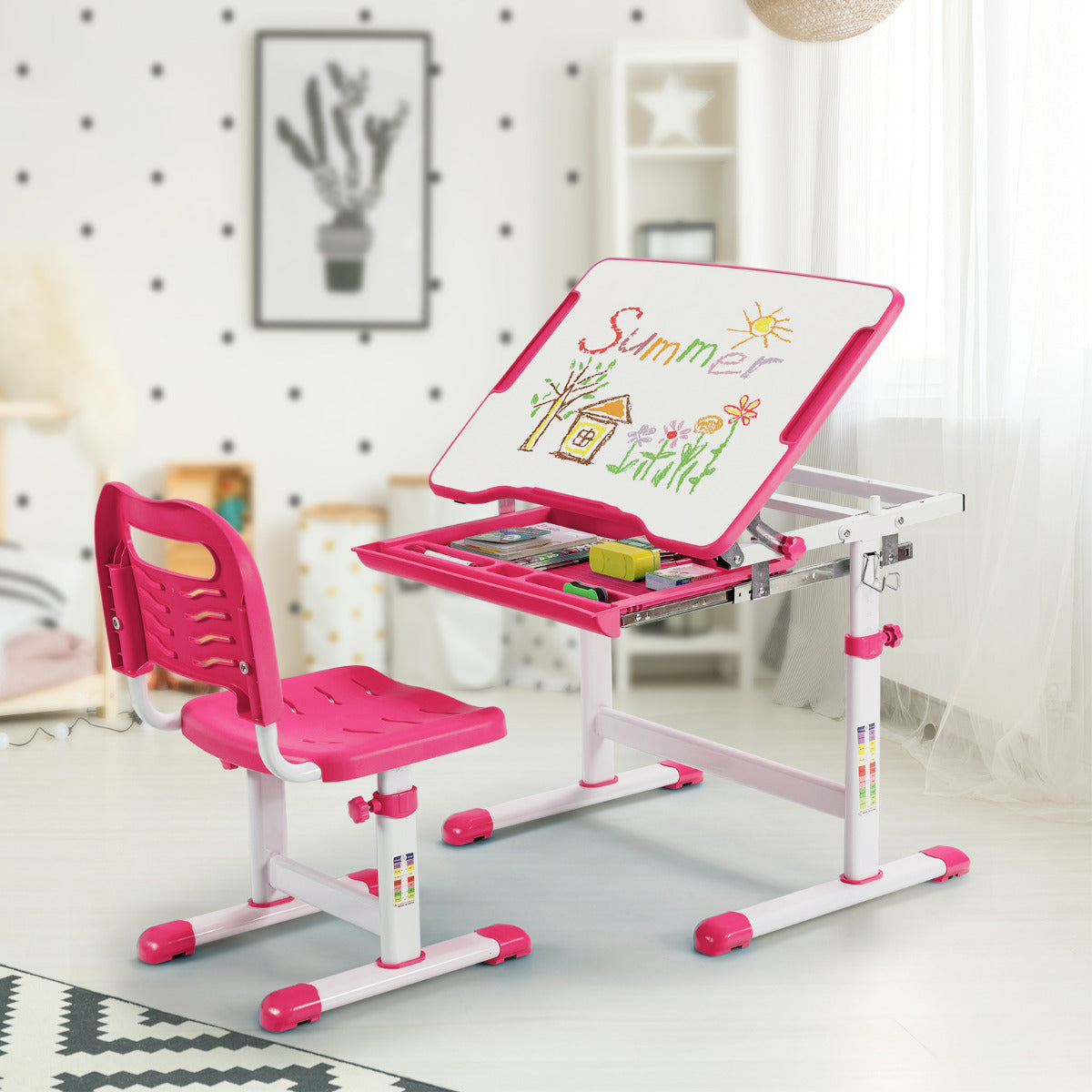 Bureau Enfant, Chaise Enfant, Table et Chaise Enfant, Bureau Enfant Primaire à Hauteur Réglable Inclinable 0-45°, Rose, Costway, 4