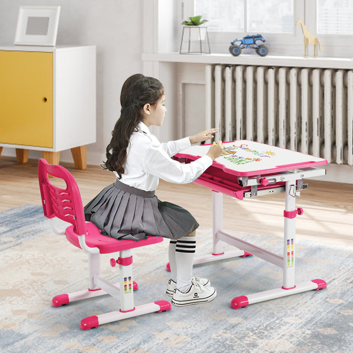 Bureau Enfant, Chaise Enfant, Table et Chaise Enfant, Bureau Enfant Primaire à Hauteur Réglable Inclinable 0-45°, Rose, Costway, 5