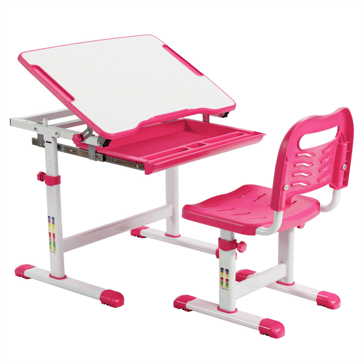 Bureau Enfant, Chaise Enfant, Table et Chaise Enfant, Bureau Enfant Primaire à Hauteur Réglable Inclinable 0-45°, Rose, Costway, 1