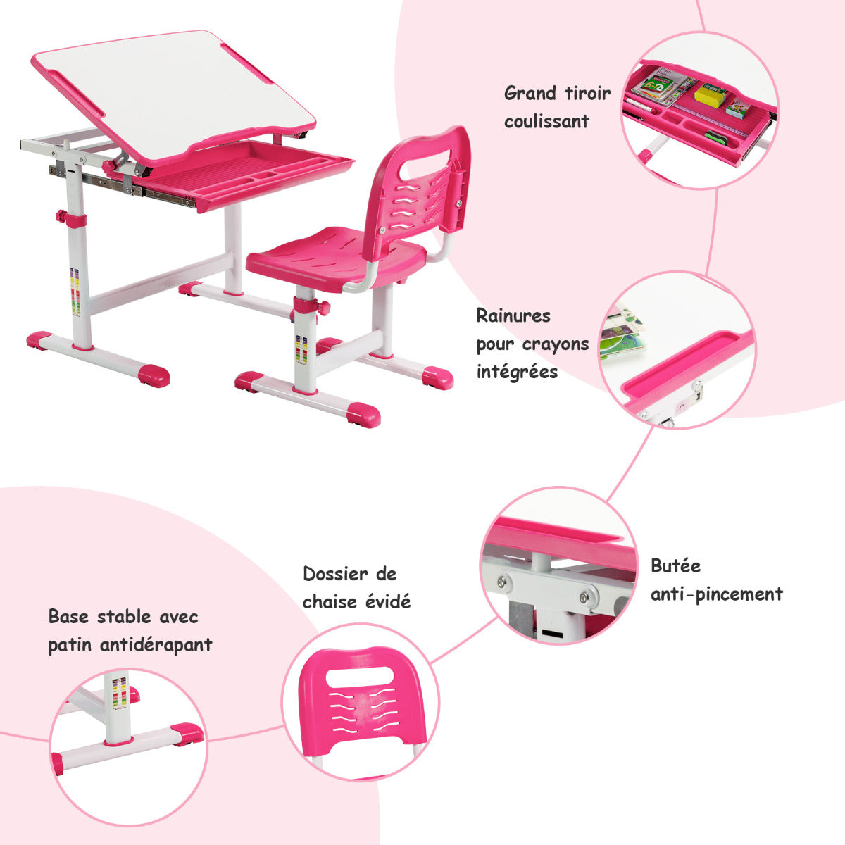 Bureau Enfant, Chaise Enfant, Table et Chaise Enfant, Bureau Enfant Primaire à Hauteur Réglable Inclinable 0-45°, Rose, Costway, 6