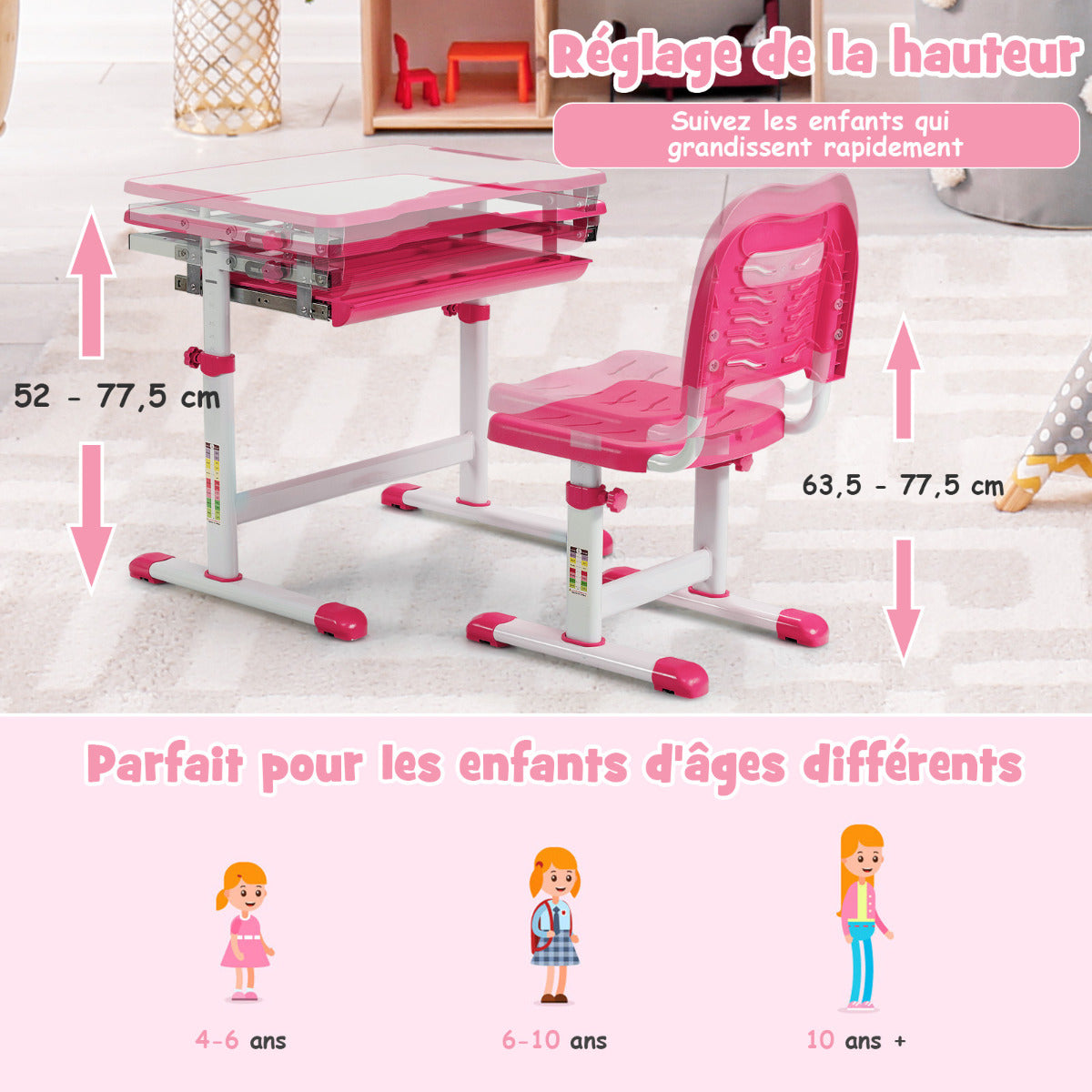 Bureau Enfant, Chaise Enfant, Table et Chaise Enfant, Bureau Enfant Primaire à Hauteur Réglable Inclinable 0-45°, Rose, Costway, 7