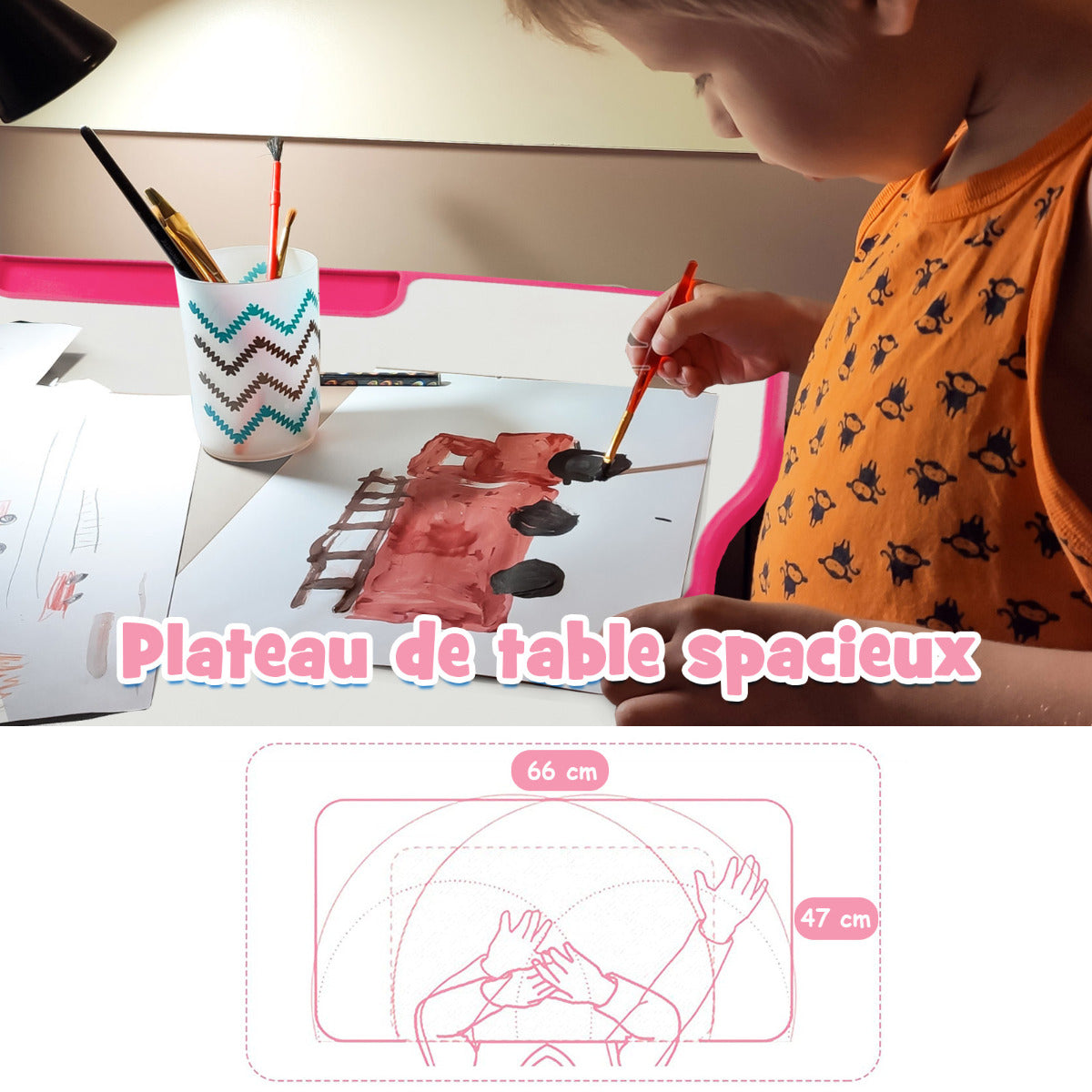 Bureau Enfant, Chaise Enfant, Table et Chaise Enfant, Bureau Enfant Primaire à Hauteur Réglable Inclinable 0-45°, Rose, Costway, 8