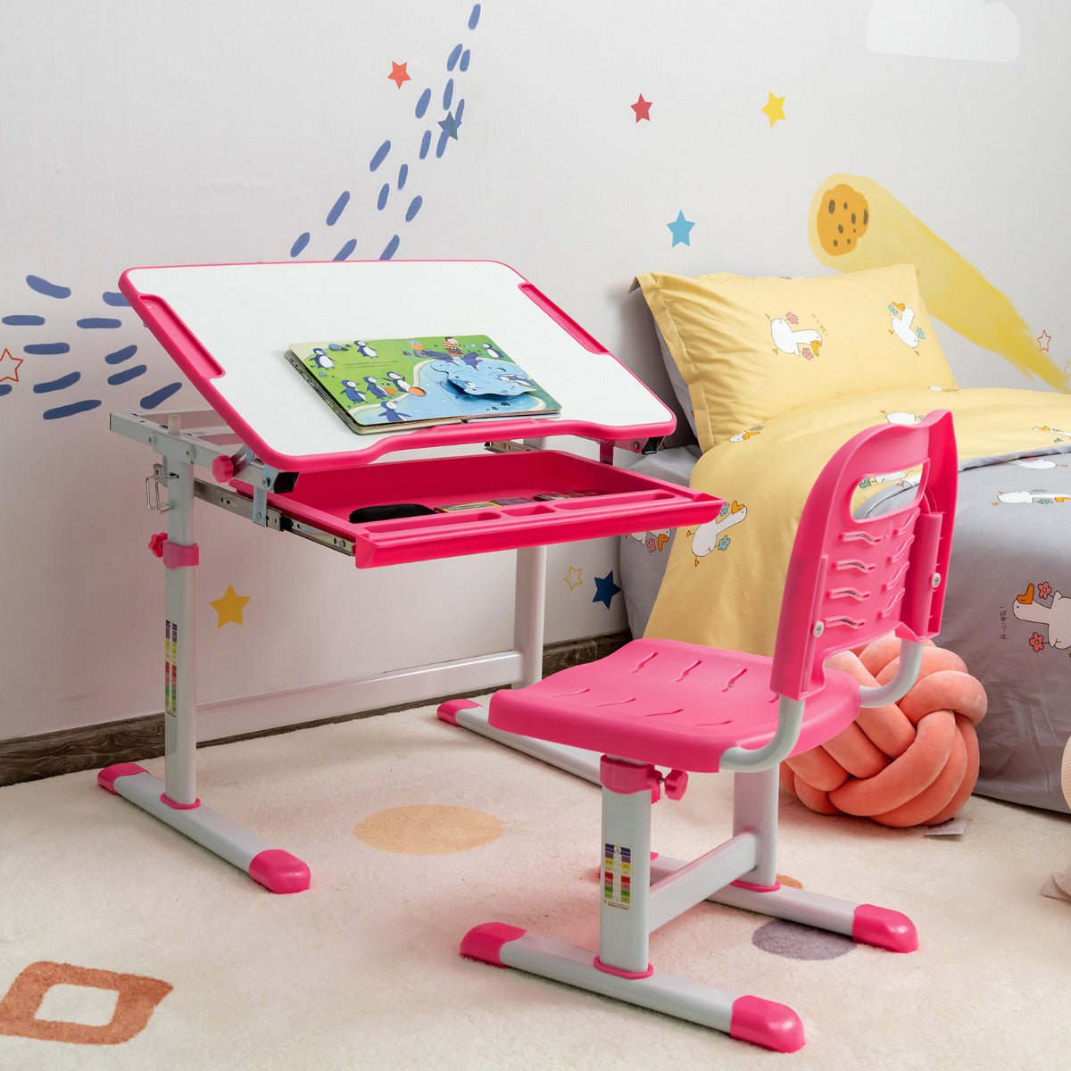 Bureau Enfant, Chaise Enfant, Table et Chaise Enfant, Bureau Enfant Primaire à Hauteur Réglable Inclinable 0-45°, Rose, Costway, 2