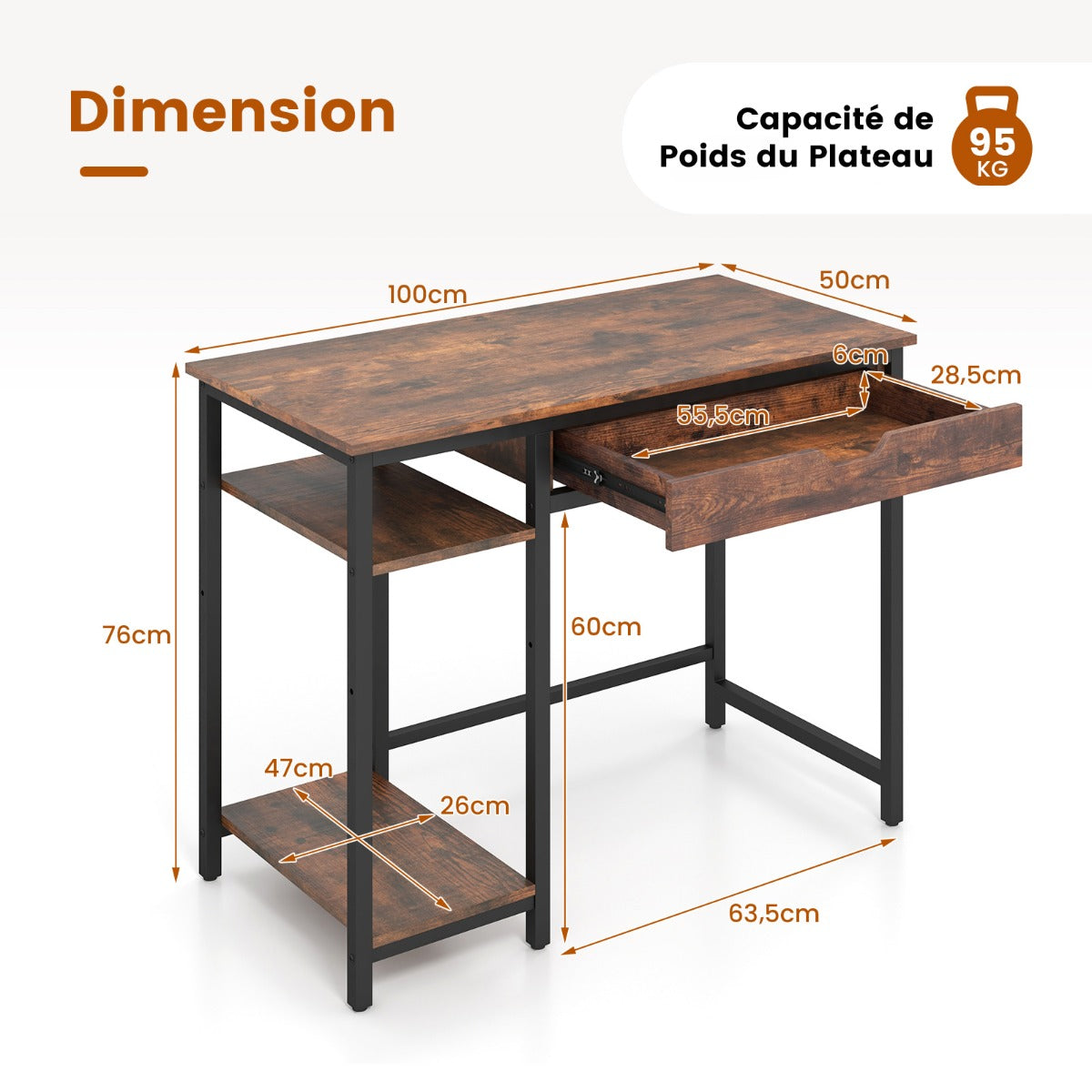 Table, Petit Bureau de 100 Cm, Bureau Ordinateur, Table de Bureau, Poste de Travail avec Tiroir Poste de Travail, Costway, 8