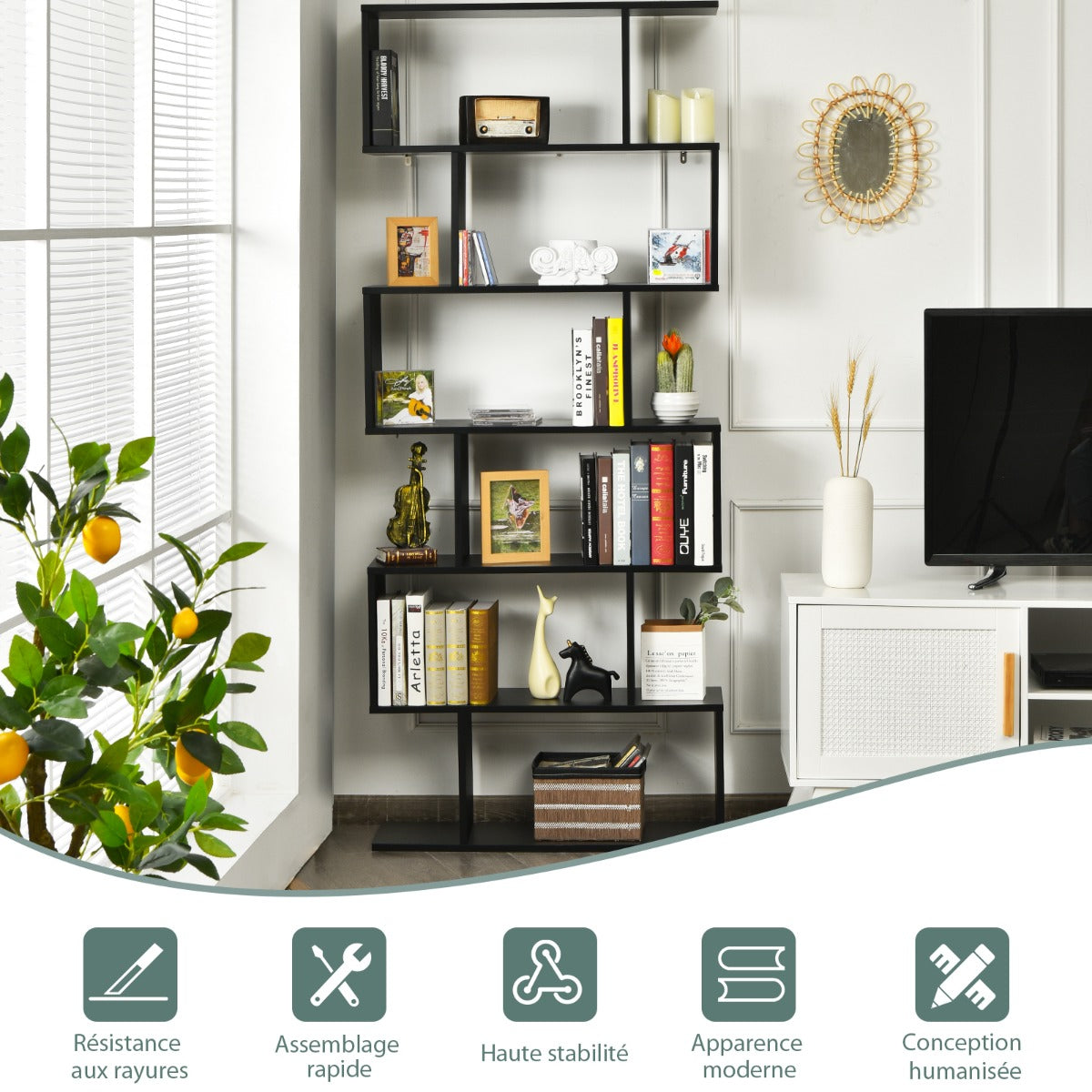 Étagère Bibliothèque, 6 Niveaux, Etagere de Rangement, Etagere Colonne, Etagere Salon, Noir, Costway, 8