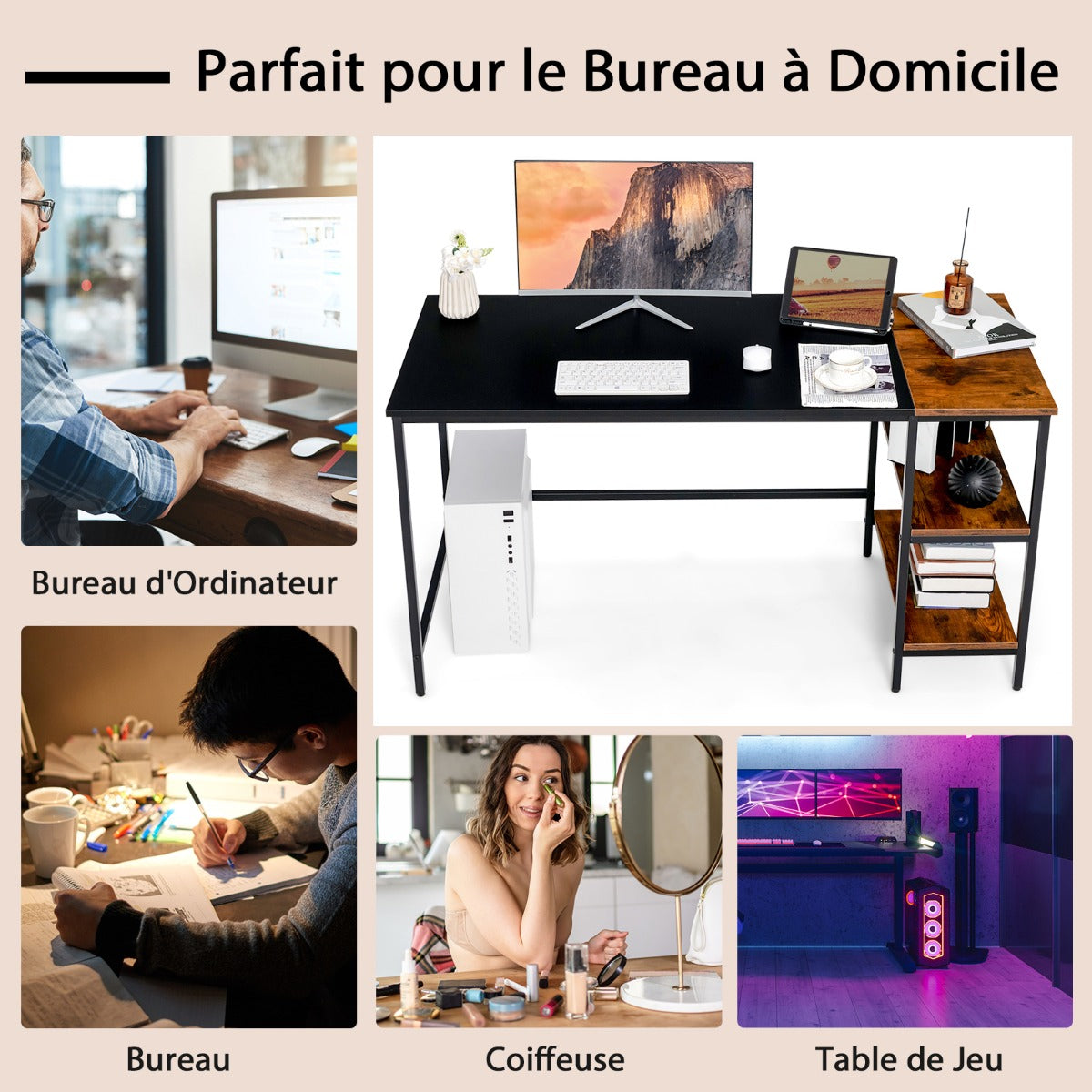 Bureau Ordinateur de 140 cm, Bureau Informatique, Bureau Moderne, Table de Bureau, Poste de Travail, Noir, Costway, 8