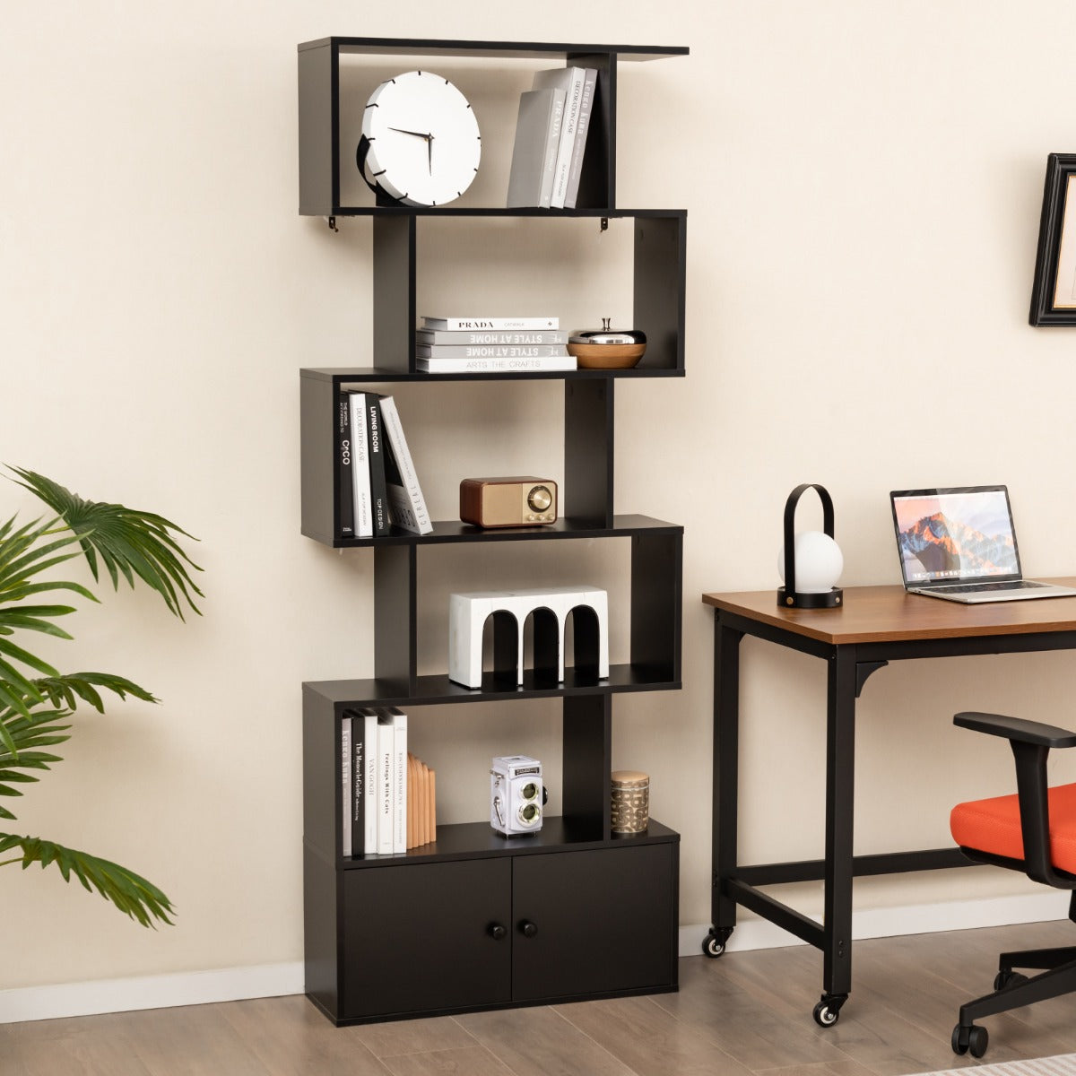 Étagère Bibliothèque, Etagere de Rangement, Etagere Colonne, Échelle en Bois à 6 niveaux avec 2 Portes, Noir, Costway, 2
