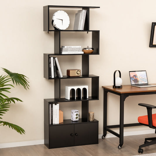 Étagère Bibliothèque, Etagere de Rangement, Etagere Colonne, Échelle en Bois à 6 niveaux avec 2 Portes, Noir, Costway, 2