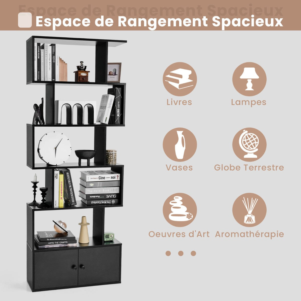 Étagère Bibliothèque, Etagere de Rangement, Etagere Colonne, Échelle en Bois à 6 niveaux avec 2 Portes, Noir, Costway, 8